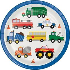 a paper plate with trucks and cars on it