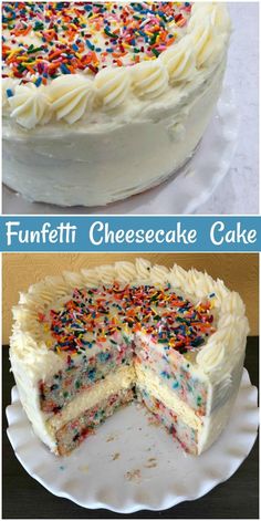 a cake with white frosting and colorful sprinkles on the top is cut in half