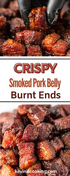 crispy smoked pork belly burnt ends on a white plate with text overlay reading crispy smoked pork belly burnt ends