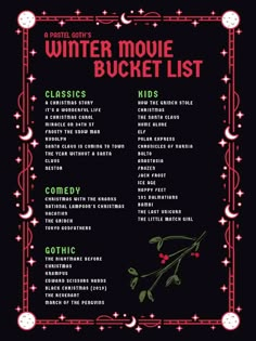 A Pastel Goth's Simple Winter Bucket ListA short list of Christmas and winter movies from someone who was never really into Christmas movies. Goth Bucket List, Winter Movie Marathon, Movies For Winter, Winter Movie Bucket List, Christmas Movie List 2023, Movies To Watch In January, Christmas Movies Bucket List, Simple Christmas Traditions, Movies To Watch In Winter