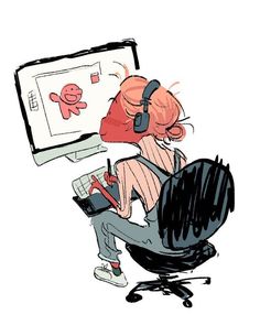 a drawing of a woman sitting in front of a computer screen with headphones on