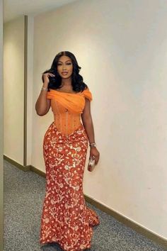 Aso Ebi Lace Styles Long Sleeve, Orange Asoebi, Nigerian Traditional Dresses, Aso Ebi Lace Styles, Nigerian Outfits, Nigerian Dress, African Party Dresses, Kente Dress