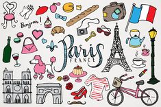 the word paris is surrounded by doodles of different things