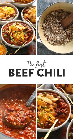 the best beef chili recipe is shown in four different pictures