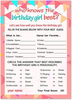 a birthday party game with the words who knows the birthday girl best? on it