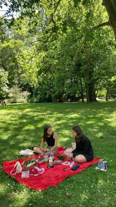 two women sitting on a red blanket in the grass with food and drinks around them