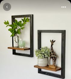 two wooden shelves with plants and giraffe figurines on them against a white wall