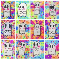 six pictures of ghost faces with different colors and patterns on them, all drawn by children