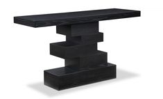 a black wooden table with three shelves on each side