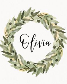 an olive wreath with the word alvia written in black ink on a white background