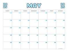 a calendar with the word may in blue and white font on it, next to an image