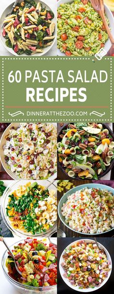 a collage of different salads with the title overlay that reads 60 pasta salad recipes