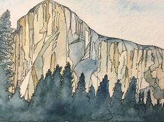 a watercolor painting of a mountain with trees