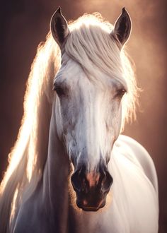 a white horse with long mane standing in front of a dark background and sunbeams