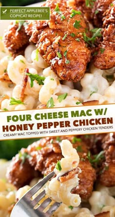 the cover of four cheese macaroni with honey pepper chicken on a white plate