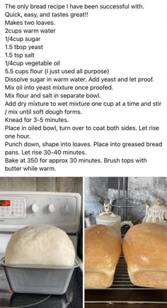 the instructions for making bread in an oven