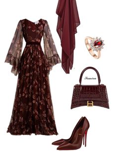 Style, Dress, Heels, Bag, Ring, Diamond, Earrings, Bracelet, Red, Brown Modest Elegant Outfits Classy, Plus Size Modest Outfits, Dress For Hijab, Dress And Shoes, Stile Hijab, Modest Dresses Fashion, Mode Turban, Salwar Kamiz