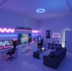 a living room filled with furniture and neon lights