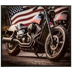 two motorcycles parked next to each other with an american flag in the backgroud