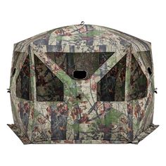 an image of a hunting blind with camouflage print on the front and side panels,