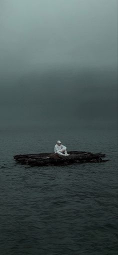 two people are sitting on a log in the middle of the ocean, one is wearing a white shirt