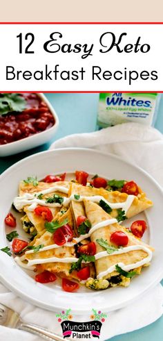 a white plate topped with tortilla covered in cheese and tomatoes next to a bowl of beans