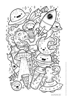 an image of cartoon characters with space and stars in the background, coloring book page