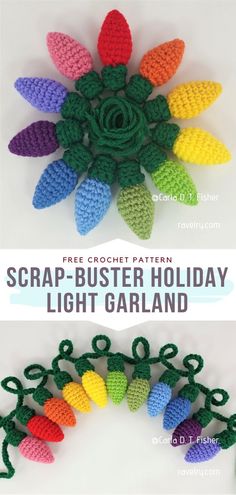 crochet pattern for a christmas wreath with lights on it and the words scrap busterer holiday light garland