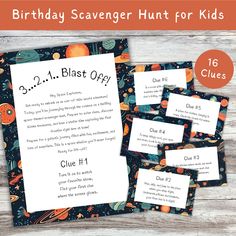 birthday scavenger hunt for kids with space theme and printables on them