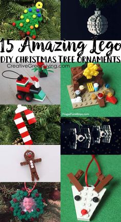 christmas tree ornaments made out of legos and other items with text overlay that reads 15 amazing lego diy christmas tree ornaments