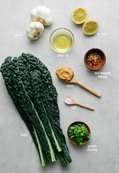 the ingredients to make this dish include kale, lemons, garlic and seasonings