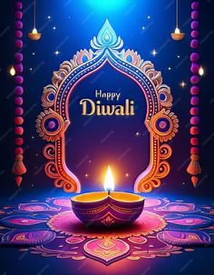 happy diwali greeting card with lit candle in front of an ornate frame on a blue