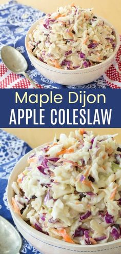 two bowls filled with coleslaw salad on top of a blue and white table cloth