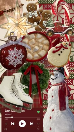 a collage of christmas items including snowman, ornament, and candy canes