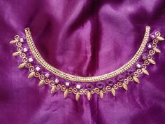 Purple Dori Work Blouse Piece, Violet Aari Work Blouse Designs, Luxury Purple Embroidered Fabric With Zari Work, Violet Color Aari Work Blouse, Zardosi Work Design, Semi-stitched Gold Embroidered Fabric With Gota Work, Blouse With Mirror Work, Khatli Work