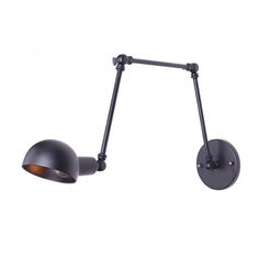 a black wall light with an arm and two lights on the side, against a white background