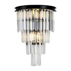 a modern chandelier with clear glass and black trimmings, hanging from the ceiling