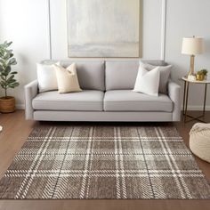 a living room scene with focus on the couch and rug