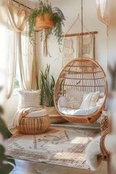 a living room filled with furniture and hanging plants