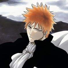 an anime character with orange hair and white shirt looking at the camera while standing in front of clouds