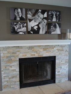 a fireplace with pictures on the wall above it