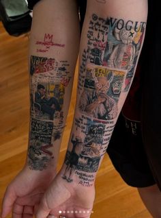 two people holding hands with tattoos on their arms and legs, both showing different things