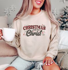 Christmas Shirt, Christmas Begins With Christ, Religious Christian Christmas Faith Shirt, Christmas Christian Gift, Jesus Christmas Sweatshirt ♥ HOW TO ORDER T-SHIRT ♥ 1- Please, Check and Review all Photos.,  2- Choose your size from the drop-down menu and add each shirt to your cart one at a time. 3- Select Your Shirt Color from Drop-down 2 which is Shirt Color. 4- Choose Your TEXT Color. Please add your text color on to the personalization box. 5- Your shipping will automatically combine when ordering multiples. 6- Checkout out all at once when the correct color and qty has been added. 7- Finally, Your Custom Shirt will be ready to ship 1-3 Business Day. Holiday times may affect the handling times. -Our shirts are made to order specially for you. Because of this reason we don't accept r Christmas Movie Shirts, Cheer Shirt, Santa Sweatshirt, Christmas Jesus, Pink Out, Spirit Shirts, Faith Shirt, Christian Christmas, Movie Shirts