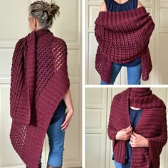 a woman wearing a red shawl with crochet on it and another photo of her