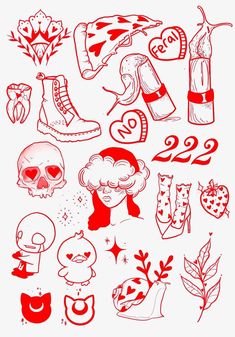 some red and white drawings with different things on the bottom right hand side, including shoes