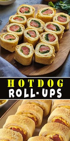 hotdog roll ups on a wooden platter with other food items in the background