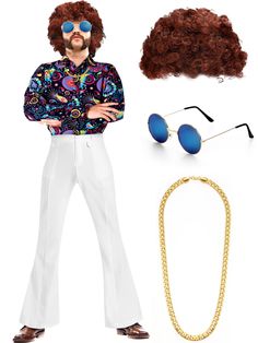 PRICES MAY VARY. 5-In-1 Costume Set: the package comes with 1 set of disco costume, including 1 piece of disco shirt, 1 pair of pants, 1 pair of blue circular sunglasses, 1 piece of Afro wig, and 1 piece of gold necklace, total 5 pieces in 1 set; Nice cosplay combination can meet your cosplay needs Measurement Information: the blue circle sunglasses measure approximately 14 x 14 cm/ 5.5 x 5.5 inches, the disco party necklace is about 60 cm/ 23.6 inches, and the size of this Afro wig is approx. 1 Retro Disco Outfit, Disco Outfit Men, 70s Disco Party Outfit, 70s Disco Outfit, 70s Birthday, Disco Party Outfit, Disco Outfits, 70s Fashion Men, Circular Sunglasses