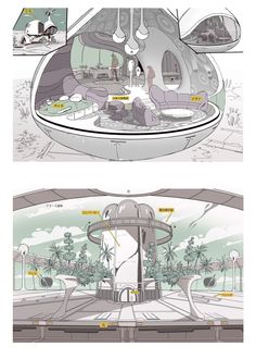 the inside and outside view of a futuristic spaceship with two different sections in each section