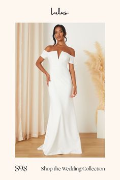 Capture your most special day in the most special way by wearing a stunning look like the Lulus Loveliest Aura White Off-the-Shoulder Mermaid Maxi Dress! Stretchy crepe knit shapes this mesmerizing dress that features a princess-seamed bodice and a notched, off-the-shoulder neckline (with a hidden V-bar), framed by short sleeves. The fitted waist tops a figure-flaunting, mermaid-style skirt that falls to a sweeping maxi hem with a romantic train at the back. Hidden back zipper/clasp. Fit: This g Elegant Fitted Off Shoulder Dress For Wedding, Elegant Fitted Off Shoulder Wedding Dress, Elegant Off Shoulder Dress For Wedding, Off-shoulder Evening Dress With Fitted Bodice For Wedding, Fitted Off-shoulder Mermaid Wedding Dress, Floor-length Off Shoulder Wedding Dress With Fitted Bodice, Off-shoulder Fitted Mermaid Wedding Dress, Floor-length Off-shoulder Wedding Dress With Fitted Bodice, Fitted Off-shoulder Gown For Wedding