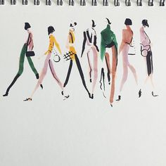 a drawing of women walking down the street in different outfits and hats, all wearing high heeled shoes